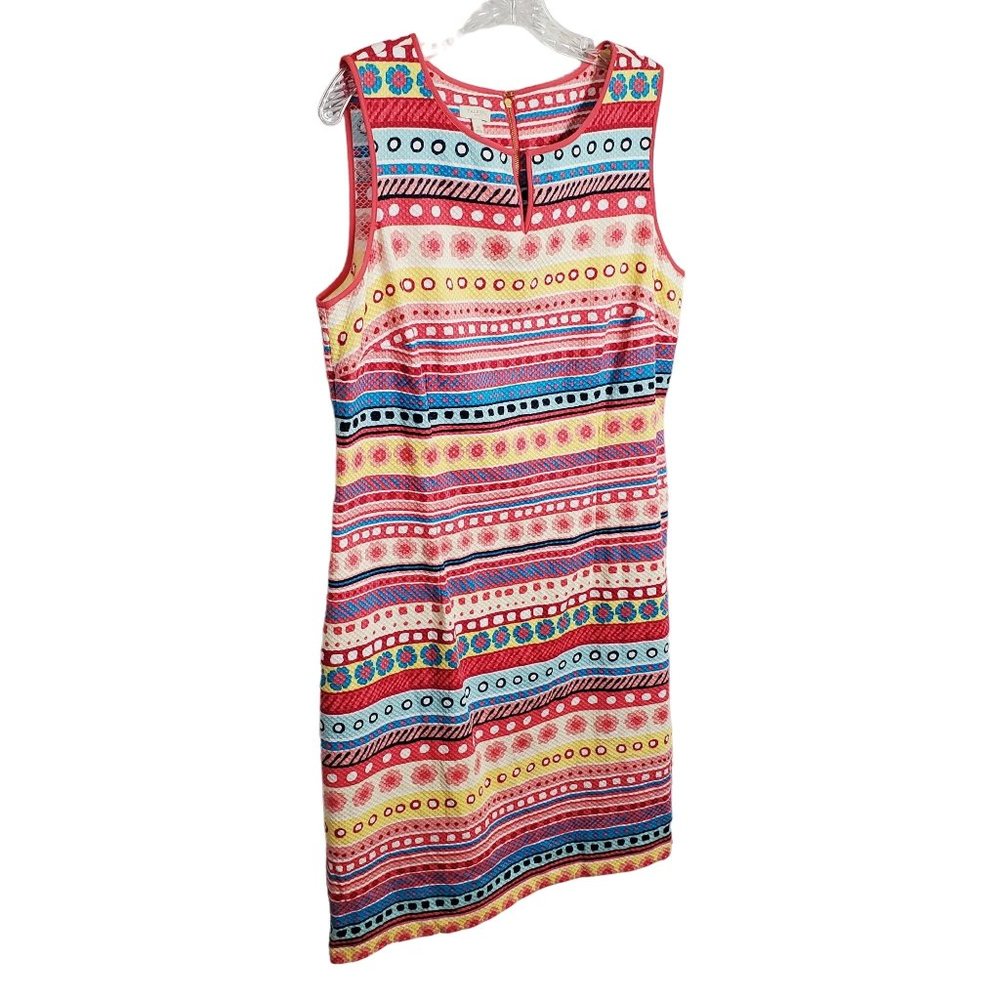 Talbots Size 16 Dress Summer Cotton Colorful Striped Texture Zip Fitted Stretch